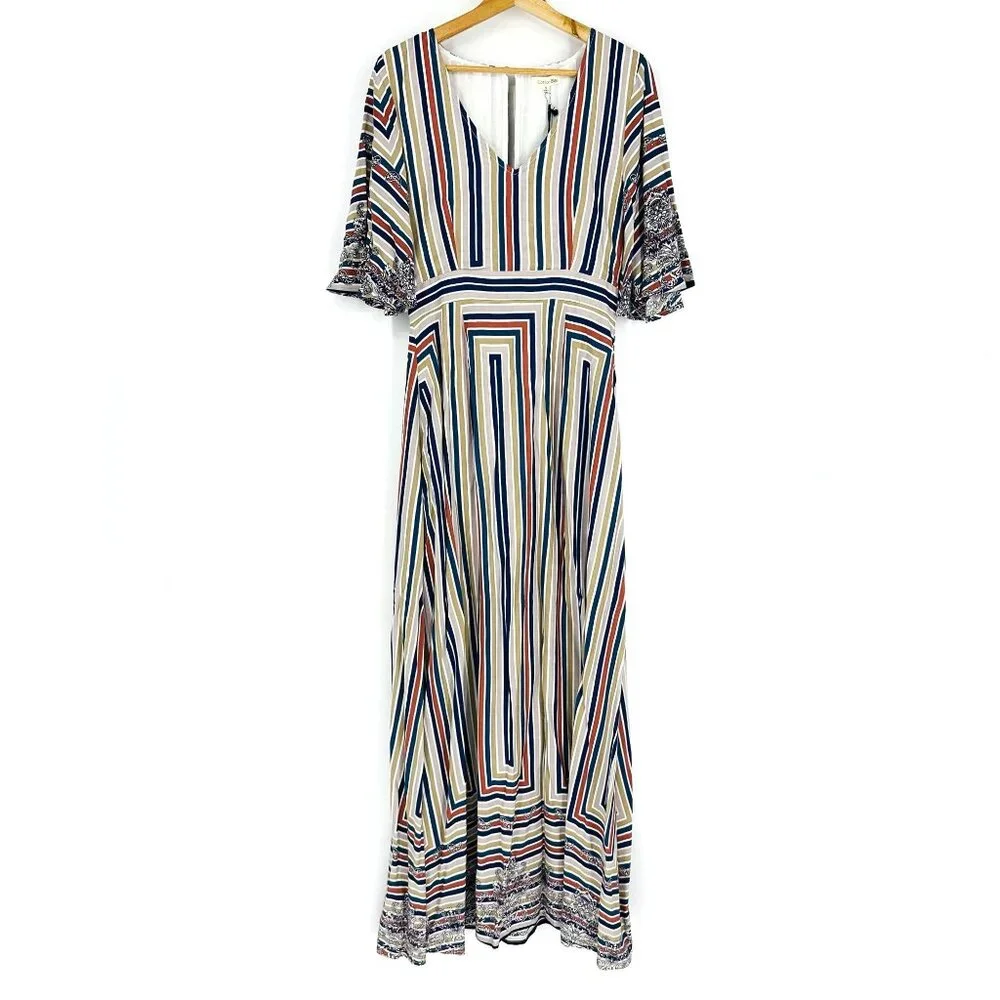 Cotton Bleu Multi Flutter Sleeve Striped Scarf Print V-neck Keyhole Maxi Dress S - Picture 1 of 13